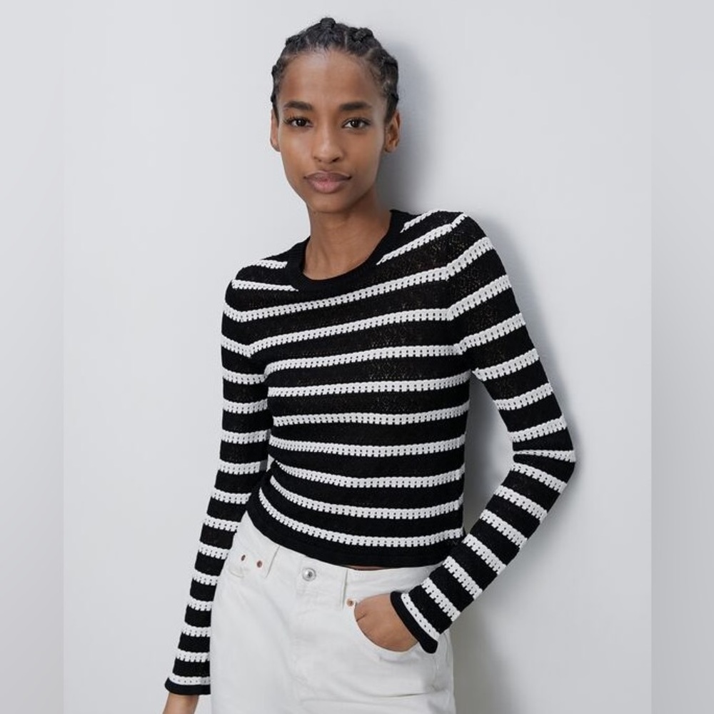 Zara Striped Pointelle Knit Top in Black and White in Size L